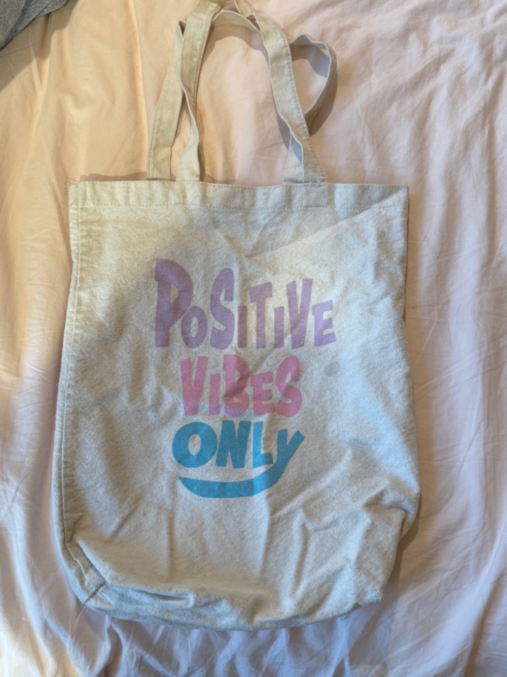 Cream Canvas Tote - 'Positive Vibes Only' Pink & Blue Graphic